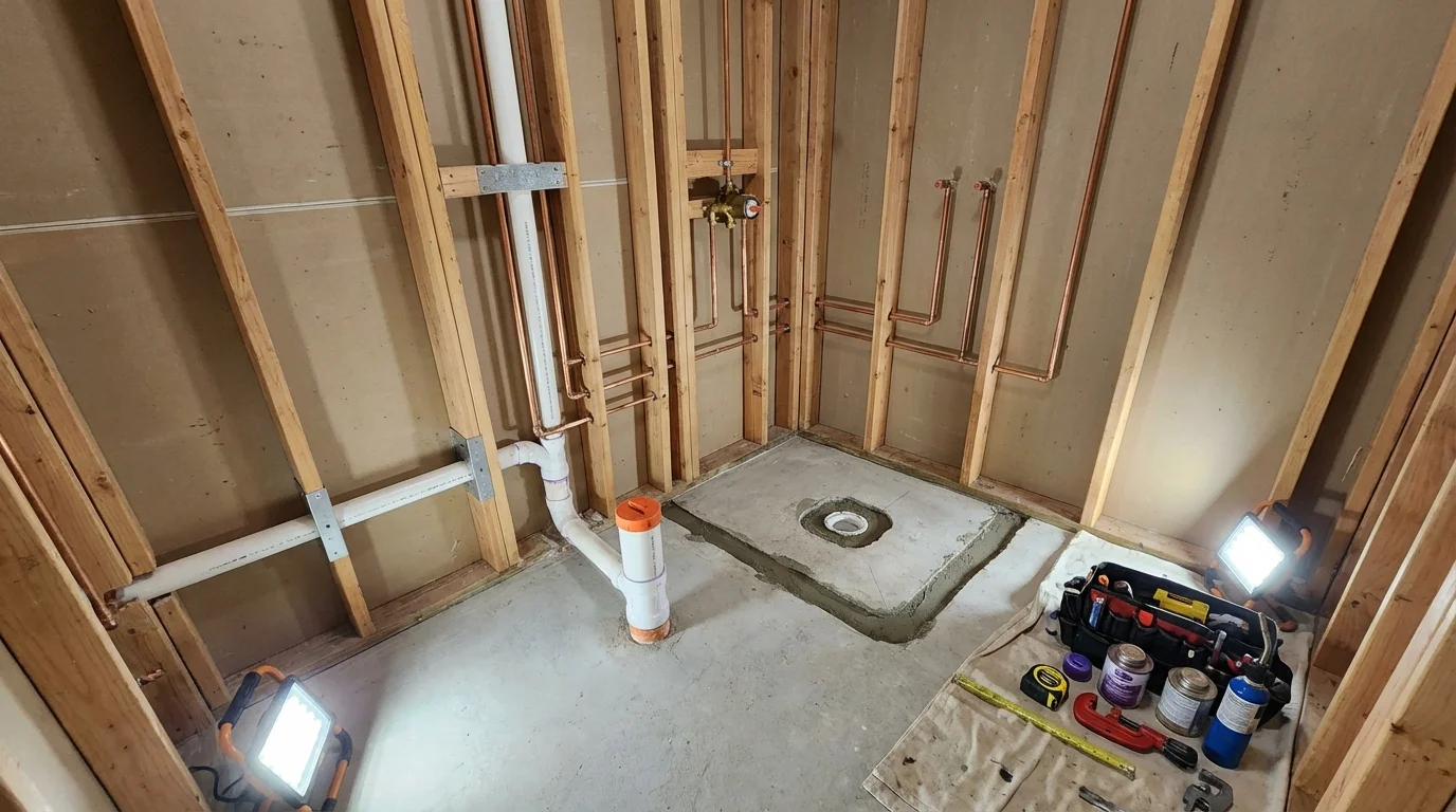 Bathroom rough-in plumbing during remodel by Johns Plumbing LLC in Trenton