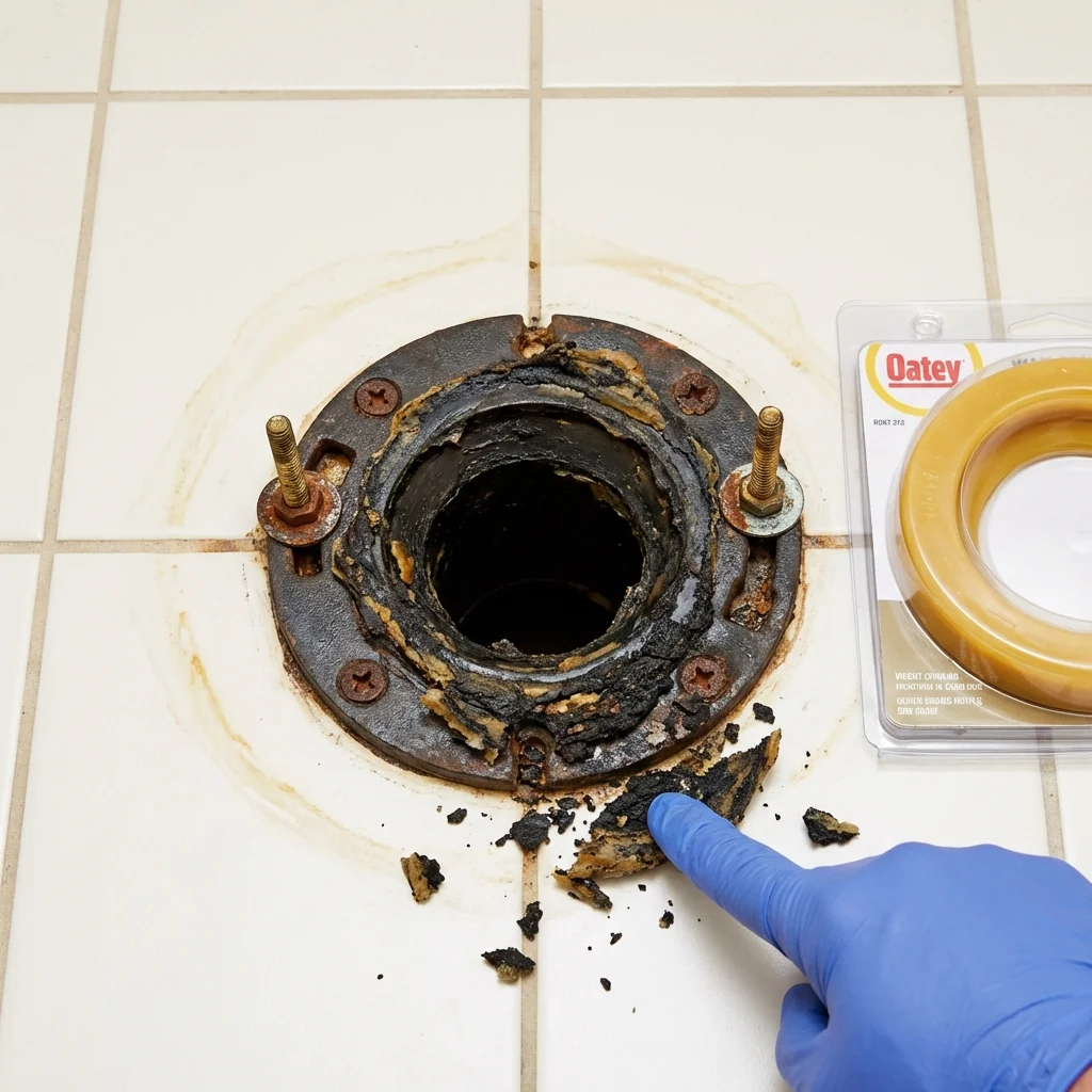 Failed wax ring showing water seepage at the base of a toilet in a Trenton, FL home