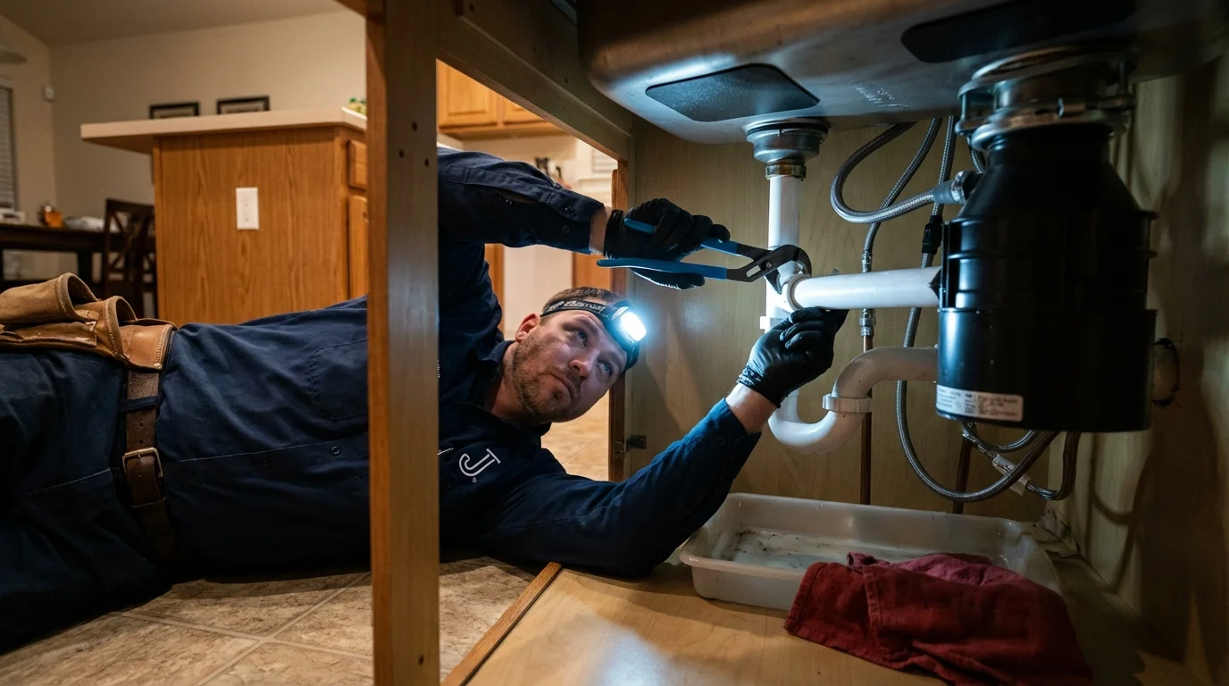 P-trap and supply line connections under a kitchen sink showing a common leak point in Trenton, FL